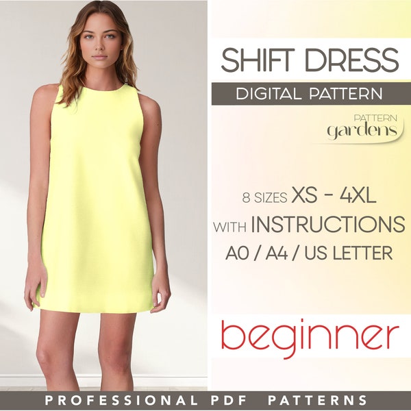 Shift Dress Sewing Pattern, A-Line Dress Pattern, Summer Cotton Dress Beginner Pattern, Relaxed Short Dress, Plus Size Dress PDF Pattern