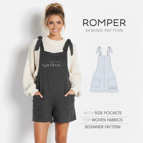 Könnte beinhalten: Ein dunkelgraues Romper-Schnittmuster mit Seitentaschen für gewebte Stoffe. Das Bild zeigt eine Frau, die den Romper trägt, mit dem Text "ROMPER SEWING PATTERN" und "Pattern Gardens". Das Muster ist für Anfänger.