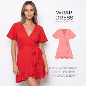 Patrón de costura para minivestido, patrón de vestido acampanado, patrón de vestido corto de verano, patrón de vestido cruzado
