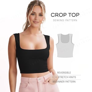 Könnte beinhalten: Ein schwarzes Crop-Top mit quadratischem Ausschnitt. Das Bild enthält den Text "CROP TOP SEWING PATTERN" und Details: "REVERSIBLE FOR STRETCH KNITS BEGINNER PATTERN". Eine Skizze des Tops ist ebenfalls abgebildet.