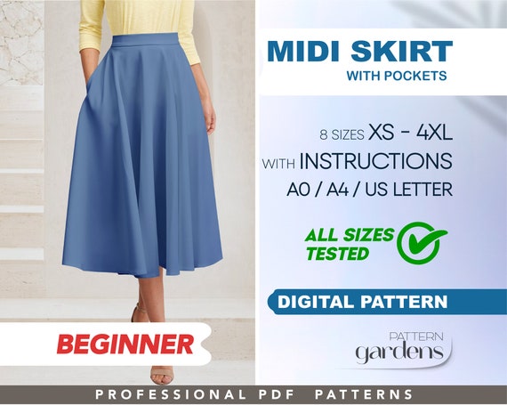 Midi Skirt With Pockets Pattern for Beginners in 8 Sizes XS 4XL Flared Skirt Sewing Pattern for Women PDF Sewing Patterns Etsy UK