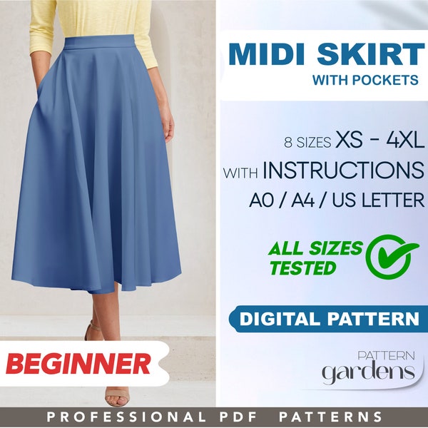 Midi rok met zakken patroon voor beginners in 8 maten XS - 4XL, uitlopende rok naaipatroon voor dames, PDF naaipatronen