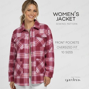 May include: A burgundy and white plaid jacket with front pockets and an oversized fit. The jacket has a button-up front and is part of a sewing pattern with 10 sizes. The text on the image reads "WOMEN'S JACKET SEWING PATTERN".