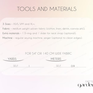 Puede incluir: Una imagen con el texto "TOOLS AND MATERIALS" enumera los suministros de costura. Especifica tela, materiales adicionales y una m&aacute;quina de coser. Tambi&eacute;n indica los requisitos de tela para tela de 140 cm de ancho, con medidas en yardas y metros.