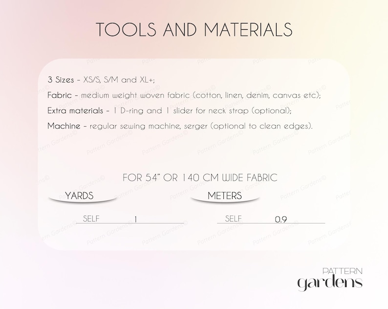 Puede incluir: Una imagen con el texto "TOOLS AND MATERIALS" enumera los suministros de costura. Especifica tela, materiales adicionales y una m&aacute;quina de coser. Tambi&eacute;n indica los requisitos de tela para tela de 140 cm de ancho, con medidas en yardas y metros.
