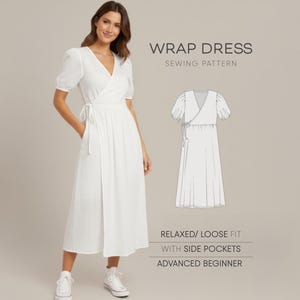 以下が含まれることがあります： 白いラップドレスの縫製パターン。半袖、サイドポケット、ゆったりとしたフィット感。画像にはドレスの線画と「WRAP DRESS」の文字が含まれています。パターンは、上級者向けです。