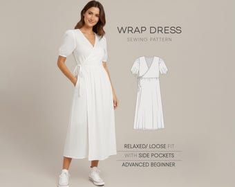 Linen Dress Sewing Pattern For Women, Wrap Dress Pattern, Cotton Dress With Pockets, Cottagecore Dress Pattern, Flowy Dress PDF Pattern