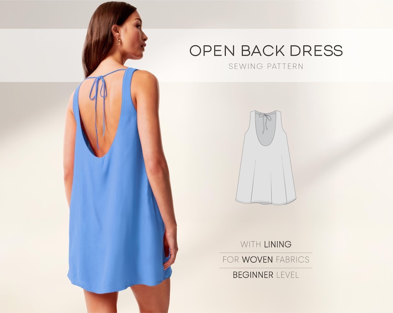 Open Back Dress Pattern, A-Line Dress Sewing Pattern, Backless Dress Pattern, Short Summer Dress Pattern, Plus Size Dress PDF Sewing Pattern, Linen dress pattern, cotton dress pattern, dress pdf sewing pattern, sleeveless dress pattern, dress beginner pattern, relaxed dress pattern, casual dress pattern, comfortable dress pattern, loose dress pattern