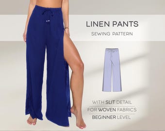 Leinenhose Schnittmuster , Schlitzhose Schnittmuster , Hose mit weitem Bein Schnittmuster , Lounge Hose , Lässige Hose Schnittmuster, PDF Schnittmuster