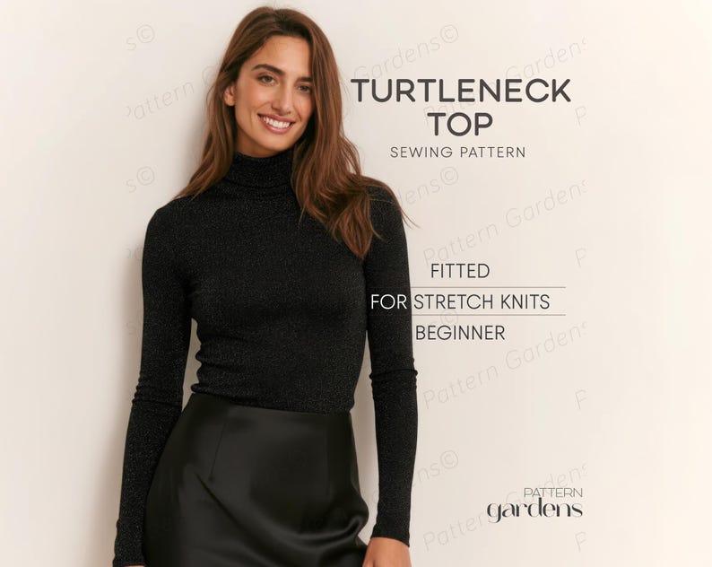 Turtleneck Top Pattern: Fitted Stretch Top Sewing Pattern For Women, Fitted Top Pattern, Stretch Top Pattern, Women's Clothes PDF Patterns, PDF Sewing patterns for women, plus size sewing patterns, jersey top pattern, beginner friendly patterns, flare sleeve top pattern, long sleeve top pattern, teen top pattern, sweater pattern, winter top, bell sleeve top pattern, long sleeve top for women