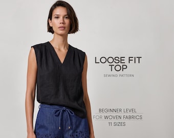 Women's Top Sewing Pattern, Linen Tank Top Pattern, Sleeveless Blouse Pattern, Simple Top Pattern For Woven Fabrics