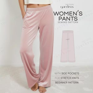 May include: Light pink women's pants with side pockets, made for stretch knits. The image also includes a sewing pattern illustration and text that reads "WOMEN'S PANTS SEWING PATTERN" and "BEGINNER PATTERN".