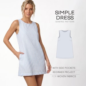 May include: A sleeveless, light blue and white striped dress with side pockets. The dress is a beginner project for woven fabrics. The text on the image reads "SIMPLE DRESS SEWING PATTERN".