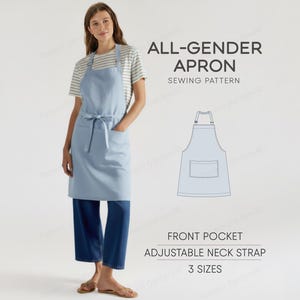Peut inclure: Tablier unisexe bleu clair avec une poche avant et une sangle de cou réglable. Le tablier est présenté sur une personne portant une chemise rayée et un pantalon bleu. Le texte de l'image indique "ALL-GENDER APRON SEWING PATTERN".