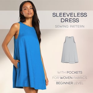 Può includere: Un cartamodello per un abito senza maniche con tasche. Il cartamodello è per tessuti tessuti ed è di livello principiante. L'immagine mostra una donna che indossa un abito blu.