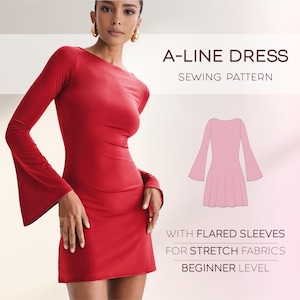 Flare Sleeve Dress Pattern, Beginner Dress Sewing Pattern XS - 4XL, Women&#39;s Dress Pattern, PDF Sewing Patterns, Plus Size Short Dress