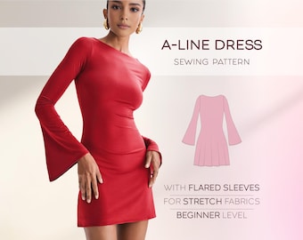 Flare Sleeve Dress Pattern, Beginner Dress Sewing Pattern XS - 4XL, Women's Dress Pattern, PDF Sewing Patterns, Plus Size Short Dress