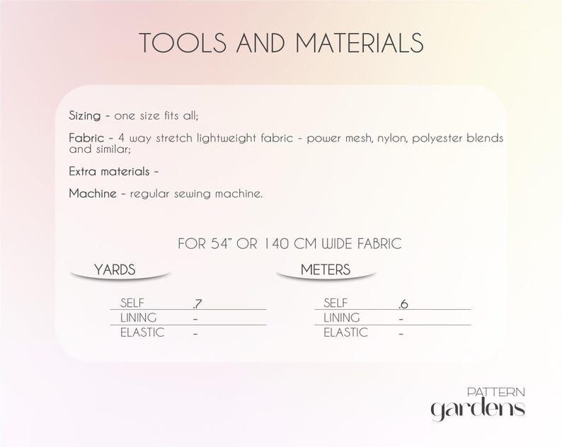 May include: A chart showing the materials and yardage needed to make a garment. The chart is titled "Tools and Materials" and lists the fabric, extra materials, and machine needed. The chart also includes a table showing the yardage needed for self, lining, and elastic in both yards and meters.