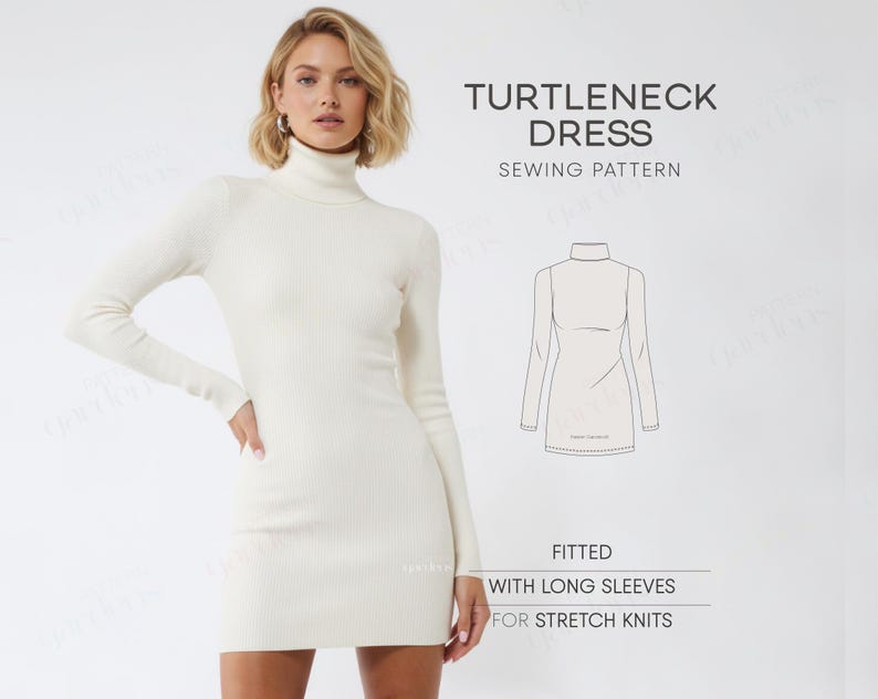 short Dress Sewing Pattern, mini Dress Pattern, turtleneck Dress Pattern, Long sleeve Dress PDF Sewing Patterns For Women, Party Dress Sewing Pattern For Women, bodycon Dress Pattern, fitted dress Pattern, tight dress pattern, womens dress pattern, mock neck dress pattern, stretch dress pattern, jersey dress pattern, easy dress pattern, sewing pattern for womens dress, elegant dress pattern, PDF sewing patterns for beginners
