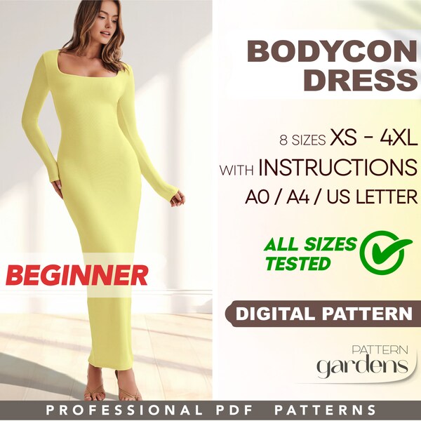 Bodycon Dress Pattern XS - 4XL, Long Fitted Dress Beginner Sewing Pattern Women Maxi Dress Pattern, PDF Digital Sewing Patterns