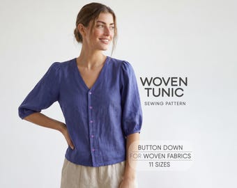 Tunic Sewing Pattern For Women Peasant Sleeve Top Pattern, Linen Shirt Pattern,  Simple Blouse Pattern