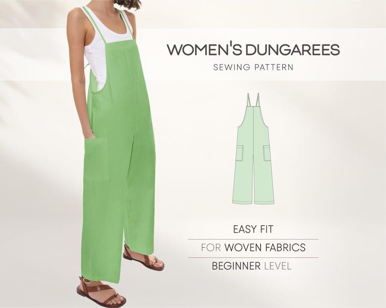 Women’s dungarees sewing pattern, overalls PDF pattern, loose fit overalls pattern, relaxed fit dungarees for women, beginner-friendly sewing pattern, printable PDF overalls pattern, casual jumpsuit sewing pattern, DIY linen dungarees pattern, digital sewing pattern for woven fabrics, summer overalls pattern, comfortable bib pants sewing pattern