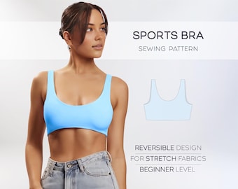 Könnte beinhalten: Ein Schnittmuster für einen reversiblen Sport-BH. Das Schnittmuster ist für dehnbare Stoffe und für Anfänger geeignet. Das Bild zeigt eine Frau, die einen hellblauen Sport-BH trägt.