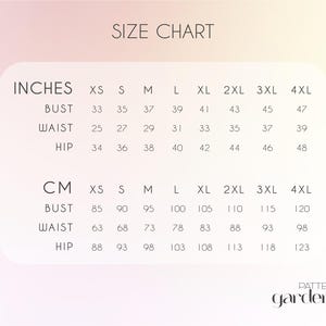 Może przedstawiać: Tabela rozmiar&oacute;w odzieży w calach i centymetrach. Tabela pokazuje wymiary biustu, talii i bioder w rozmiarach XS, S, M, L, XL, 2XL, 3XL i 4XL.
