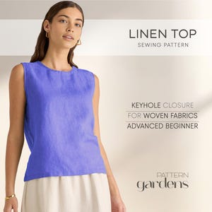 Women Summer Top Pattern, Linen Top Sewing Pattern XS - 4XL, Sleeveless Top Beginner Pattern, Cotton Shirt, Tunic Pattern, Simple Blouse
