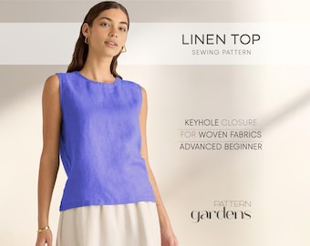 Patrón de blusa de verano para mujer, patrón de costura de blusa de lino (tallas XS-4XL), patrón de blusa sin mangas para principiantes, patrón de camisa de algodón, patrón de túnica, blusa sencilla