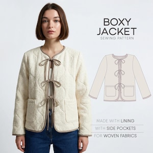 May include: A cream-coloured boxy jacket with brown trim and tie closures. The jacket has two pockets and is worn with blue jeans. The image also includes a sewing pattern illustration and text that reads "Boxy Jacket Sewing Pattern."
