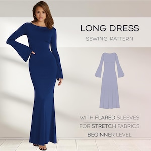 Naaipatroon lange jurk, jurk met uitlopende mouwen XS-4XL, formele jurk patroon plus size jurk, beginnersvriendelijke naaipatronen pdf