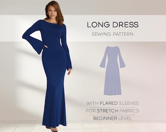 Langes Kleid Schnittmuster, Ausgestelltes Kleid Kleid Schnittmuster XS - 4XL, Formelles Kleid Schnittmuster Plus Size Kleid, anfängerfreundliche Schnittmuster PDF