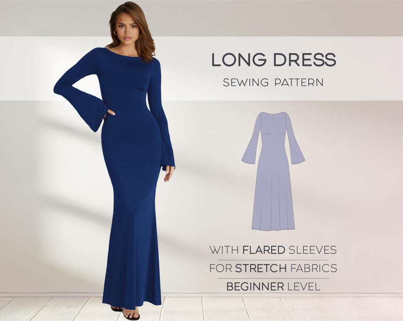 May include: A sewing pattern for a long dress with flared sleeves. The pattern is for stretch fabrics and is beginner level. The dress is shown in a blue color.
