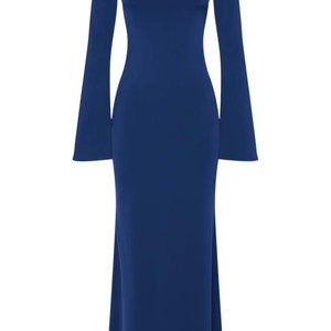 May include: A long-sleeved, navy blue maxi dress with a fitted bodice and a flowing skirt.