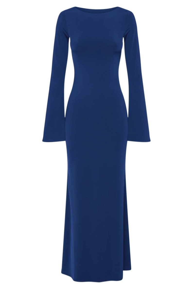 May include: A long-sleeved, navy blue maxi dress with a fitted bodice and a flowing skirt.