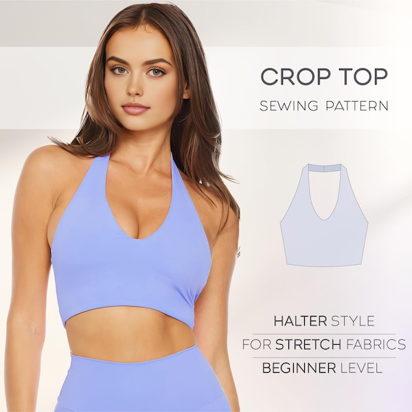 Patrón de costura de top corto, patrón de top halter, patrón de top de yoga, patrón de top corto elástico, patrón de sujetador deportivo, patrones de costura en PDF