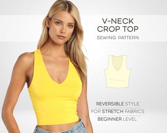 V-Neck Top Pattern, Crop Top Beginner Sewing Pattern Plus Size Top PDF Sewing Patterns, Workout Cropped Top Pattern, Yoga Top Pattern
