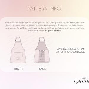 Puede incluir: Diagrama de un patr&oacute;n de delantal de cocina sencillo para principiantes. El delantal tiene cintur&oacute;n, correa ajustable para el cuello y bolsillo delantero. La longitud principal del corpi&ntilde;o es de aproximadamente 76 cm. El texto dice "Pattern Info" y "Pattern Gardens".