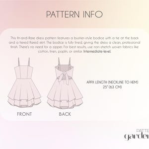 May include: A dress pattern illustration with the text "PATTERN INFO." The design features a fit-and-flare dress with a bustier-style bodice and tiered skirt. The approximate length from neckline to hem is 25 inches (63 cm).