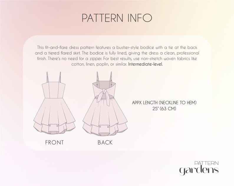 May include: A dress pattern illustration with the text "PATTERN INFO." The design features a fit-and-flare dress with a bustier-style bodice and tiered skirt. The approximate length from neckline to hem is 25 inches (63 cm).