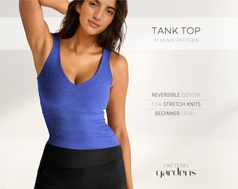 May include: A blue tank top with a V-neck design. The image also includes the text "TANK TOP SEWING PATTERN", "REVERSIBLE DESIGN FOR STRETCH KNITS", and "BEGINNER LEVEL". The logo for "PATTERN GARDENS" is also visible.