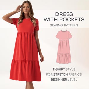 May include: A sewing pattern for a red dress with pockets. The dress is a t-shirt style and is made for stretch fabrics. The pattern is for beginner sewers. "Dress with Pockets" and "Sewing Pattern" are written in black text at the top of the image. "T-shirt Style" and "For Stretch Fabrics" are written in black text at the bottom of the image. "Beginner Level" is written in black text at the bottom of the image.