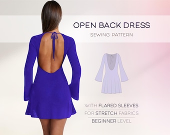 Peut inclure: Un patron de couture pour une robe dos nu avec des manches évasées. La robe est présentée en couleur violette et est décrite comme étant pour des tissus extensibles. Le patron est destiné aux couturiers débutants. Le texte "OPEN BACK DRESS SEWING PATTERN" est en haut de l'image. Le texte "WITH FLARED SLEEVES FOR STRETCH FABRICS BEGINNER LEVEL" est en bas de l'image.