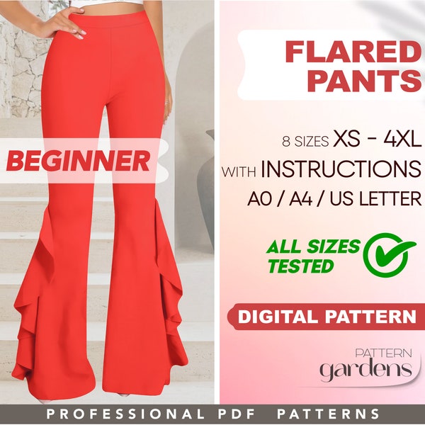 Flared Pants Pattern For Beginners In 8 Sizes XS - 4XL, Bell Bottom Leggings Sewing Pattern For Women, PDF Sewing Patterns