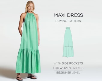 Patrón de vestido acampanado, patrón de costura de vestido largo, patrón de vestido con bolsillos, patrones de costura para principiantes de vestido maxi, patrón de vestido de algodón