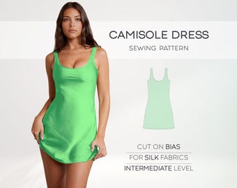 May include: A green camisole dress sewing pattern. The pattern is cut on the bias for silk fabrics and is for an intermediate sewing level.