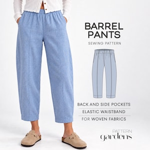 May include: Light blue barrel pants sewing pattern featuring an elastic waistband, side pockets, and back pockets. The text reads BARREL PANTS SEWING PATTERN, BACK AND SIDE POCKETS, ELASTIC WAISTBAND, FOR WOVEN FABRICS, and pattern gardens.