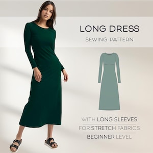 Simple Dress Sewing Pattern For Women, Long Fitted Dress Beginner Pattern, Maxi Dress Pattern Plus Size Long Sleeve Dress Sewing Tutorial