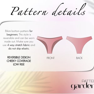Puede incluir: Un diagrama que muestra la parte delantera y trasera de un patr&oacute;n de costura de la parte inferior de un bikini rosa. El patr&oacute;n se describe como reversible, con cobertura atrevida y de talle bajo. El texto "Pattern gardens" est&aacute; en la parte inferior de la imagen.